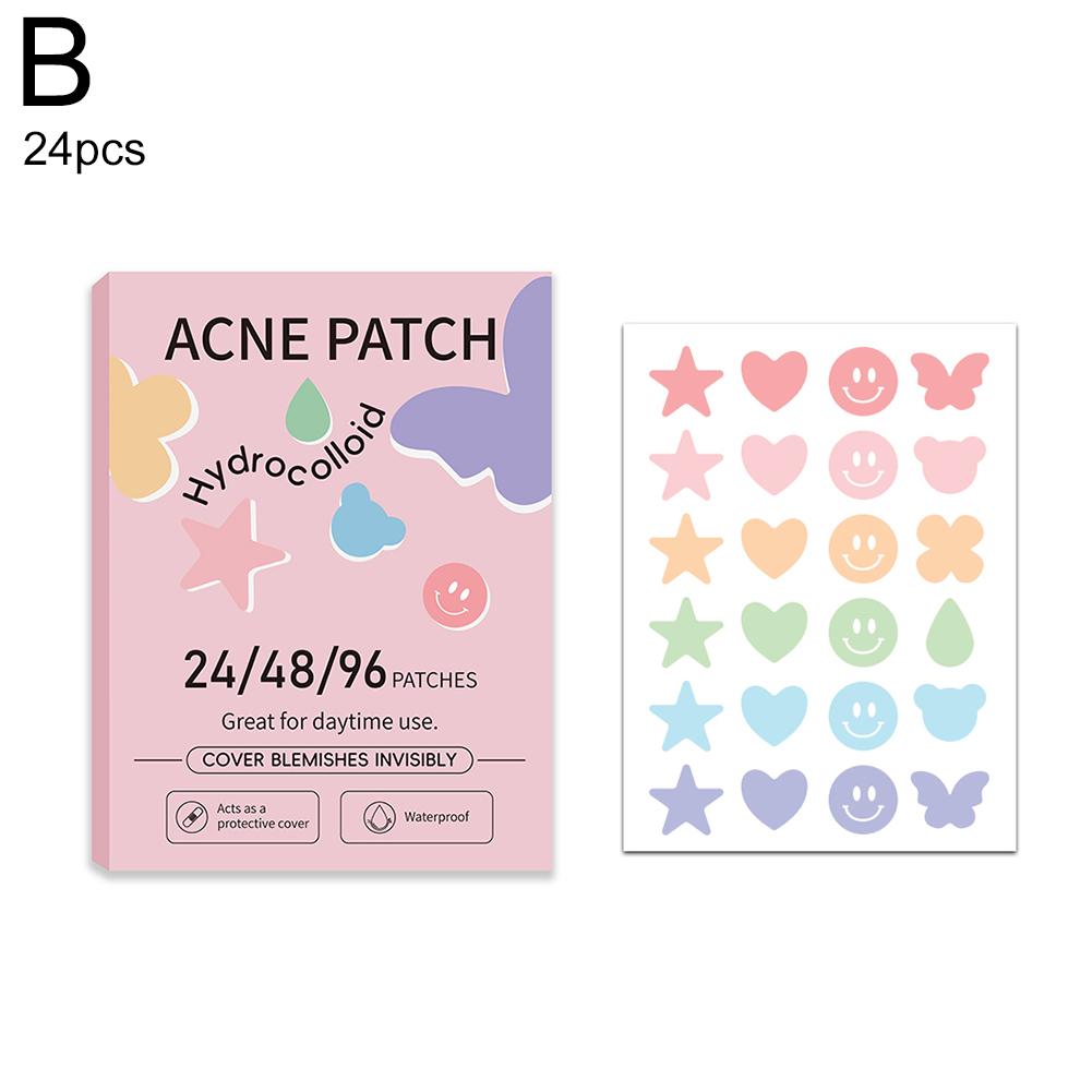 Parche de color para el acné con forma especial de estrella, cara sonriente, gota de agua, flor, mariposa, amor, macarrón.