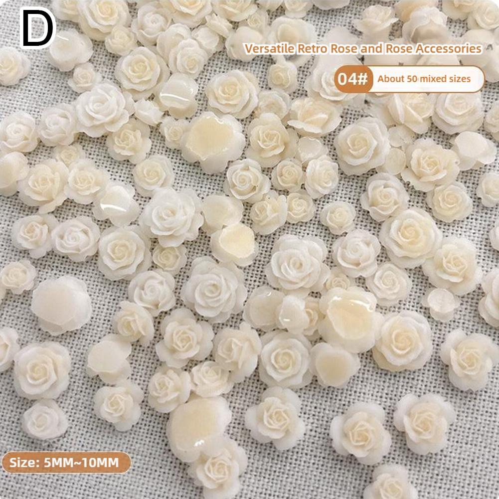 50 accesorios para uñas con rosas de diferentes tamaños, con diseño retro de resina tallada y diamantes.