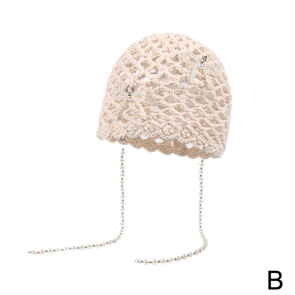 thumbnail image 1 of Gorro con capucha estilo coreano con lazo rojo de perla para mujer, gorro retro con capucha hueca con circunferencia de cabeza grande y cara pequeña, gorro de punto., 1 of 7