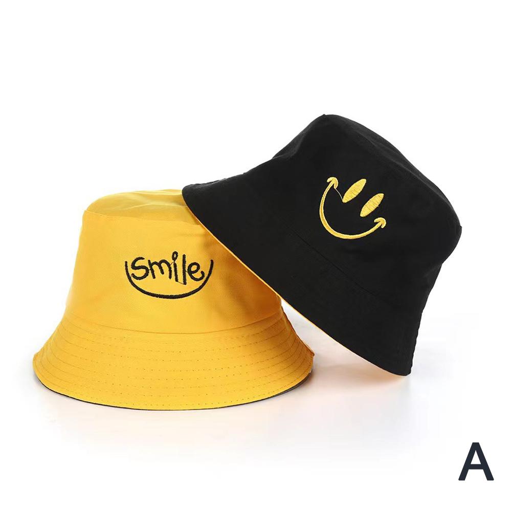 Sombrero de pescador de dos caras con cara sonriente, estilo coreano, bordado, sombrero para el sol de dos caras, sombrero universal para lavabo, sombrero de moda para las cuatro estaciones.