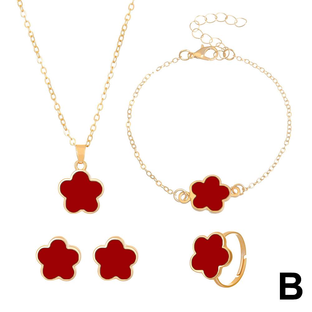 thumbnail image 1 of Conjunto de 4 piezas de joyería coreana con diseño de trébol de cinco hojas, collar de pétalos sencillo para mujer, pulsera de flor de cinco hojas, anillo y pendientes., 1 of 2
