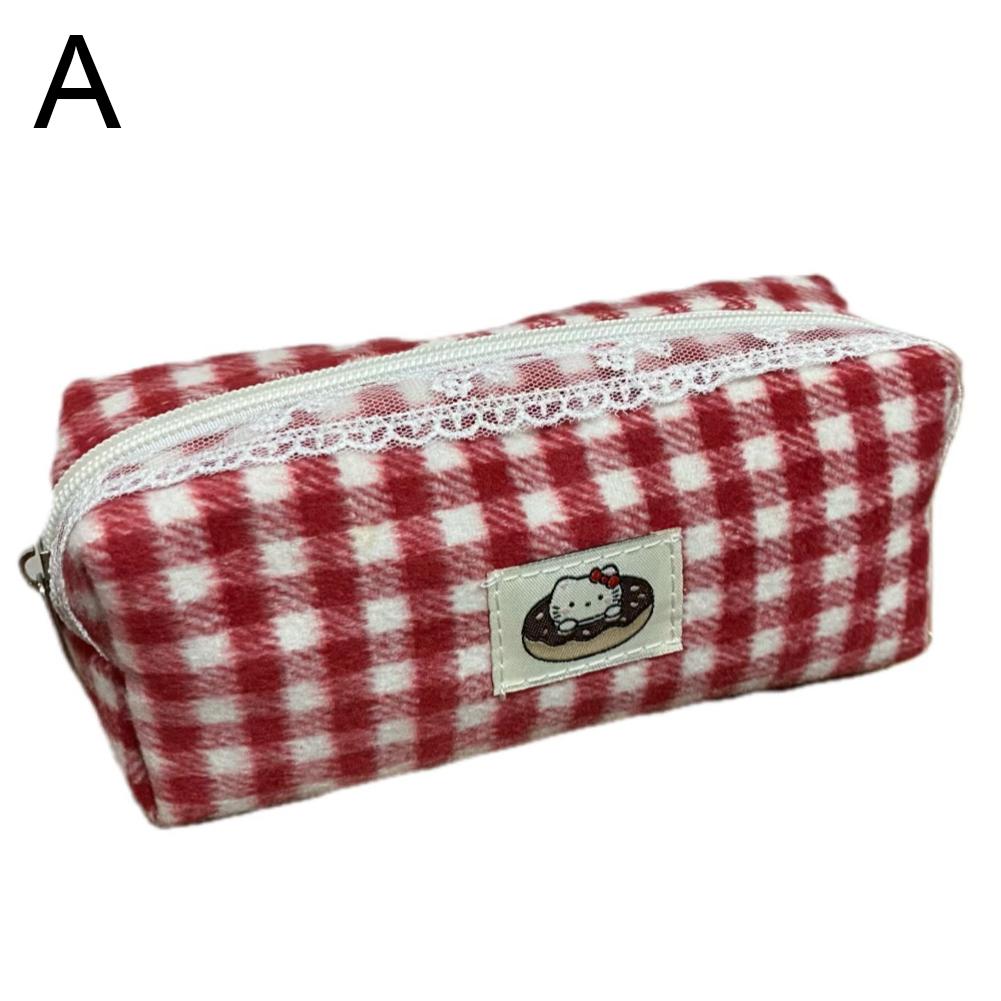 Bolsa de almacenamiento de lana a cuadros, bonita, para estudiantes, higiene, papelería, estuche para lápices, bolsa de cosméticos multifuncional de gran capacidad, 2025