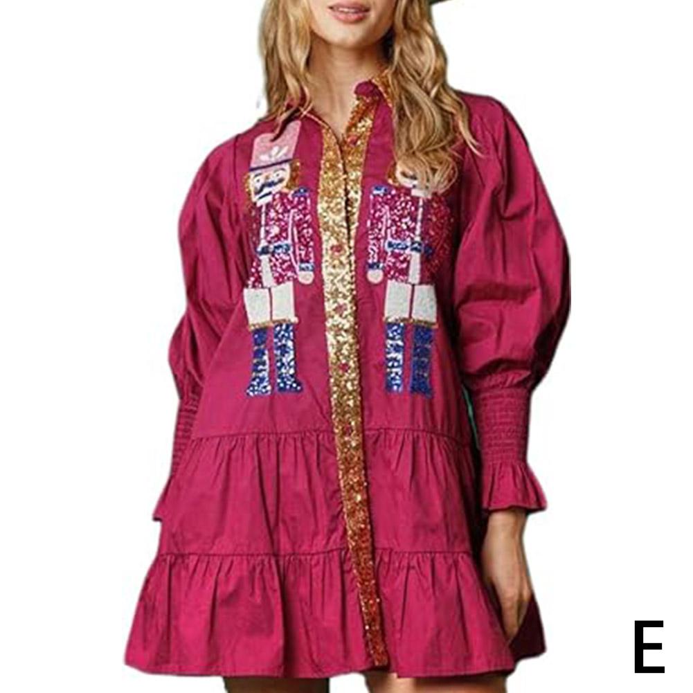 thumbnail image 1 of Vestido de otoño-invierno europeo y americano con solapa, lentejuelas y manga larga en contraste para mujer, 1 of 7